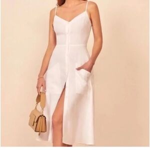 Reformation parke white linen midi button dress pockets SZ 0